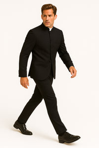Mens Five Button Mandarin banded Black Tuxedo