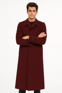 Men's Full Length Top Coat - Single Breasted - Mens Big and Tall burgundy Trench coat
