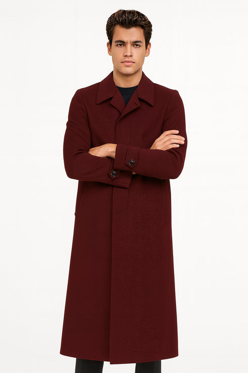 Men's Full Length Top Coat - Single Breasted - Mens Big and Tall burgundy Trench coat