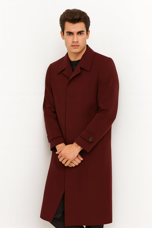 Men's Full Length Top Coat - Single Breasted - Mens Big and Tall burgundy Trench coat