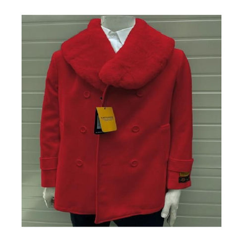 Men's Pea Coats With Fur Collar - Wool Hot Red Pea coats