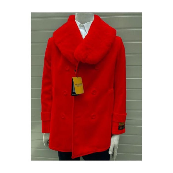 Men's Pea Coats With Fur Collar - Wool Red Pea coats