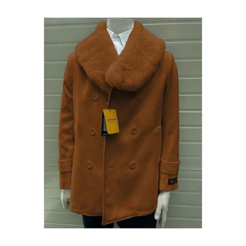 Men's Pea Coats With Fur Collar - Wool Brown Pea coats