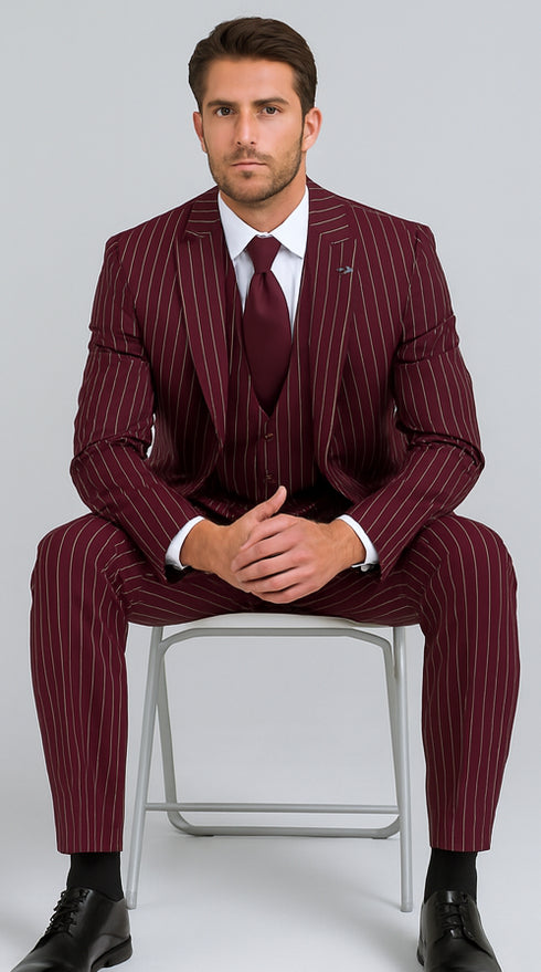 Men's Gangster Bold PinStripe Stripe Chalk Pinstripe Vested 3 Piece Fashion Suit 1920;S 30s Fashion In 10 Colors