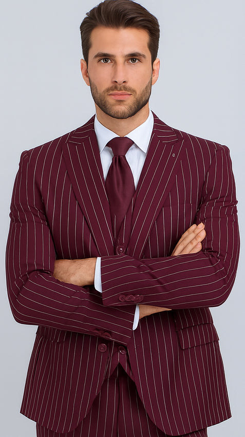 Men's Gangster Bold PinStripe Stripe Chalk Pinstripe Vested 3 Piece Fashion Suit 1920;S 30s Fashion In 10 Colors