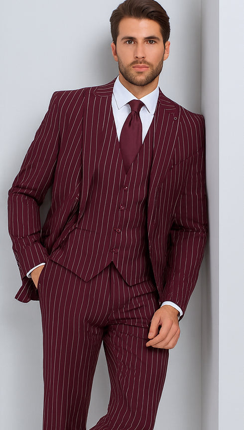 Men's Gangster Bold PinStripe Stripe Chalk Pinstripe Vested 3 Piece Fashion Suit 1920;S 30s Fashion In 10 Colors