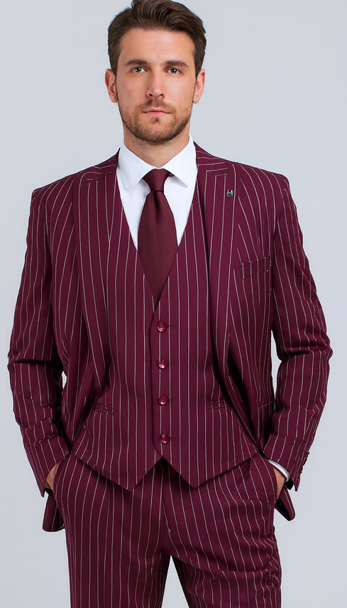 Men's Gangster Bold PinStripe Stripe Chalk Pinstripe Vested 3 Piece Fashion Suit 1920;S 30s Fashion In 10 Colors