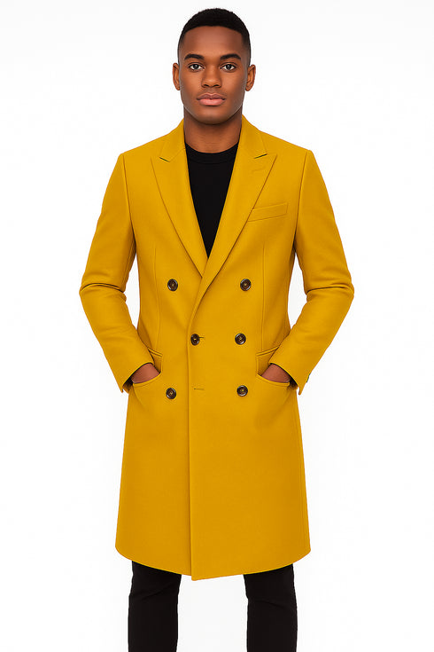 Men's Gold 44Inch Long Double Breasted Overcoat Winter Men's Topcoat Sale
