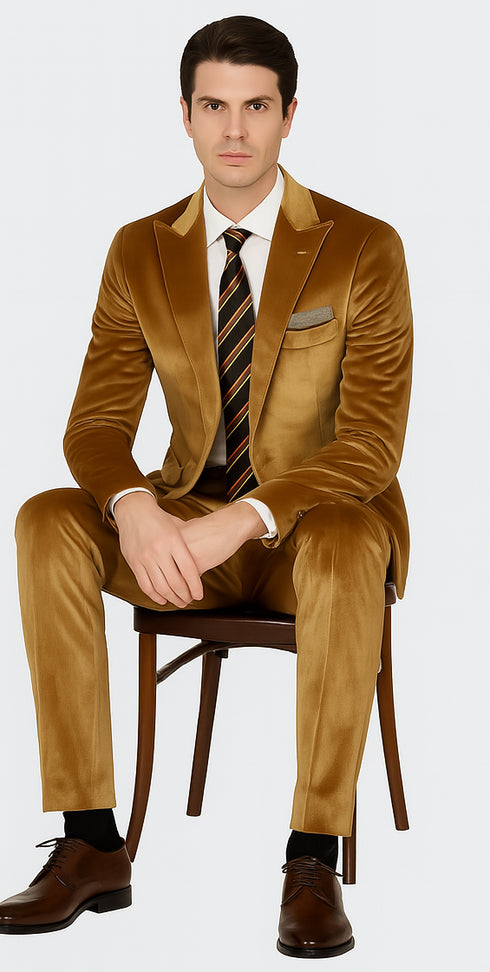 Men’s Gold Velvet Peak Lapel Suit – 2-Piece Skinny Fit Formalwear by Tazzio