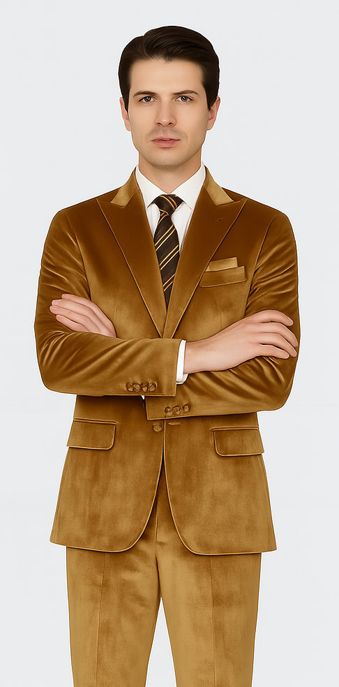 Men’s Gold Velvet Peak Lapel Suit – 2-Piece Skinny Fit Formalwear by Tazzio