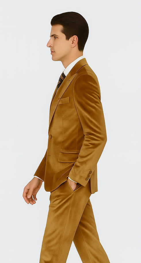 Men’s Gold Velvet Peak Lapel Suit – 2-Piece Skinny Fit Formalwear by Tazzio