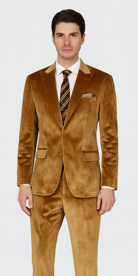 Men’s Gold Velvet Peak Lapel Suit – 2-Piece Skinny Fit Formalwear by Tazzio