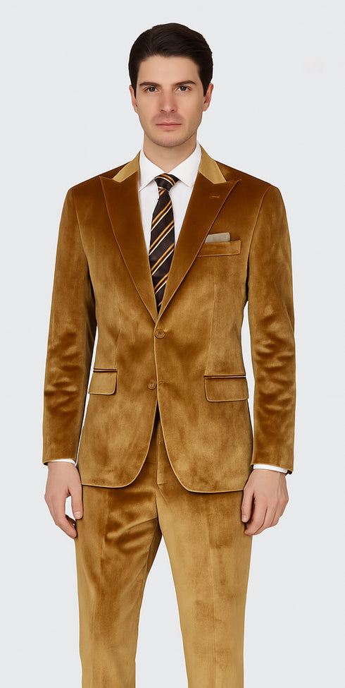 Men’s Gold Velvet Peak Lapel Suit – 2-Piece Skinny Fit Formalwear by Tazzio