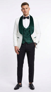 Mens Green & White Tuxedo with Black Pants – Velvet Shawl Lapel 3-Piece Wedding Suit
