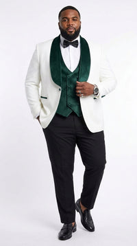 Mens Green & White Tuxedo with Black Pants – Velvet Shawl Lapel 3-Piece Wedding Suit