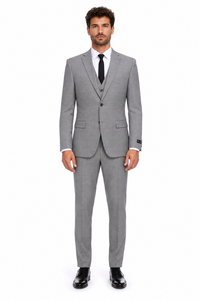 Men’s Grey Plaid 3-Piece Tailored Fit Suit with Vest