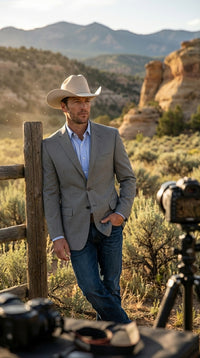 Mens Grey Western Three Button Blazer – Classic Cowboy Style Formal Jacket Business Casual Sport Coat