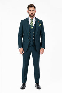 Men's Hunter Statement Ticket Pocket Peak Lapel Wool Double Breasted Vest Suit with Silver Buttons – Modern Fit