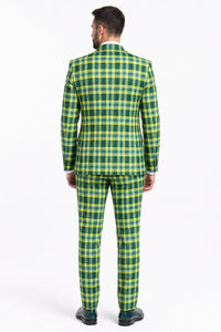 Men's Designer One Button Peak Lapel Italian Wool Suit with Double Breasted Vest in Hunter Green Plaid