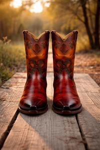Men's King Exotic Snip Toe Eel Boots Handcrafted Burnished Cognac (494RD0857)