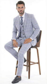 Mens Light Blue Plaid Three Piece Suit – Windowpane Check Wedding and Business Formal Suit Set