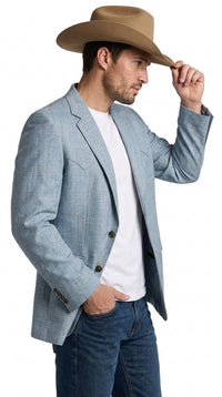 Mens Light Blue Western Blazer – Classic Cowboy Sport Coat with Western Yoke Design