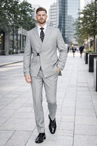 Men’s Light Grey Double Breasted Modern Designer Tailored Fit Wool Suit with Metal Buckle Closure