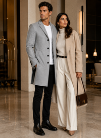 Mens Light Grey Slim Fit Wool Peacoat