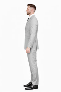 Men’s Light Grey Double Breasted Modern Designer Tailored Fit Wool Suit with Metal Buckle Closure