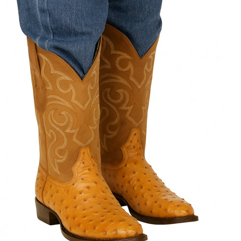 Men's Los Altos Original Full Quill Ostrich Boots Round Toe - Amber 650354