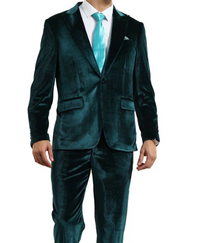 Mens Emerald Green Teal Blue Velvet Suit – Luxury Two Piece Formal Evening Suit