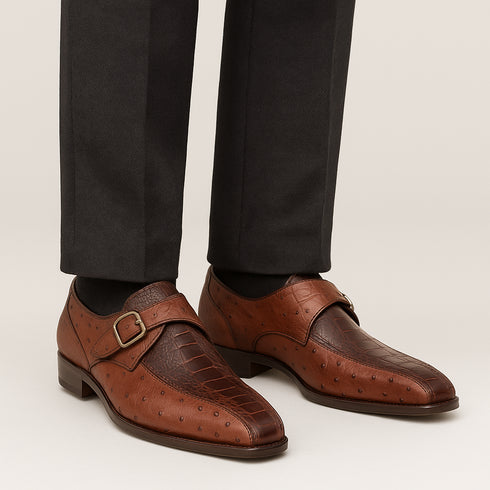 Mezlan Men's Genuine Full Quill Ostrich Leg Monk Brown  Strap Shoes