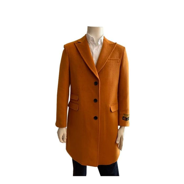 Mens Mid-Length Coats - 3/4 Length Mens Coat - Orange Wool Car Coats $199