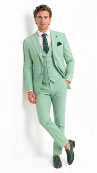 Mens Mint Green 3-Piece Suit – Slim Fit Wedding, Prom & Formal Suit with Matching Vest By Derman