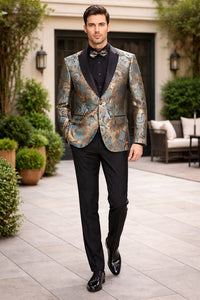 Men's Modern Fit Japanese Paisley Print Teal Green Tuxedo