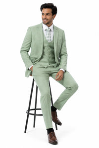Mens Modern Fit Two Button Vested Sharkskin Business Moss Green Suit