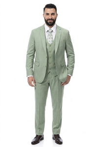 Mens Modern Fit Two Button Vested Sharkskin Business Moss Green Suit