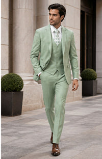 Mens Modern Fit Two Button Vested Sharkskin Business Moss Green Suit