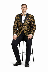 Mens Modern Fit Velvet Floral Paisley Foil Gold and Black Tuxedo Jacket
