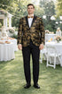 Mens Modern Fit Velvet Floral Paisley Foil Gold and Black Tuxedo Jacket