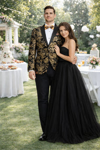 Mens Modern Fit Velvet Floral Paisley Foil Gold and Black Tuxedo Jacket