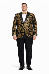 Mens Modern Fit Velvet Floral Paisley Foil Gold and Black Tuxedo Jacket
