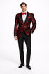 Mens modern fit velvet floral paisley foil red and black tuxedo jacket