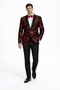 Mens modern fit velvet floral paisley foil red and black tuxedo jacket