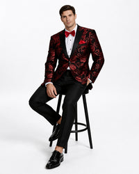 Mens modern fit velvet floral paisley foil red and black tuxedo jacket
