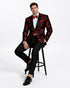 Mens modern fit velvet floral paisley foil red and black tuxedo jacket