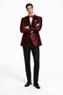 Mens modern fit velvet floral paisley foil red and black tuxedo jacket
