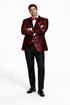 Mens modern fit velvet floral paisley foil red and black tuxedo jacket