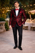 Mens modern fit velvet floral paisley foil red and black tuxedo jacket