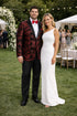 Mens modern fit velvet floral paisley foil red and black tuxedo jacket